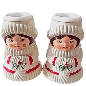 Avon Vintage Resin Christmas Candle Holders Girls w/Handwarmer 3" T x 2" W